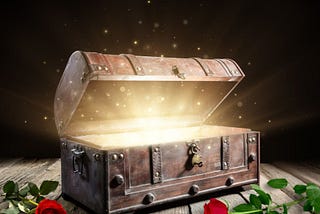 Canva images of a treasure chest and scattered roses.