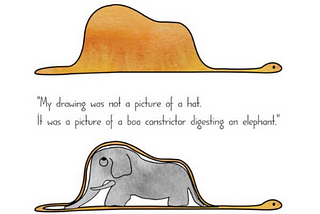 An image of an elephant inside a boa constrictor, resembling a hat from the book “The Little Prince” by Antoine de Saint-Exupéry