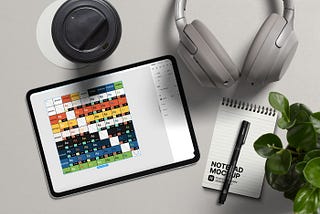 An iPad showing a grid of Neon’s brand colours with their contrast ratio and accessibility score.