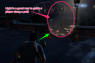 Light is a great way to guide a player along a path as shown here in the game The Last of Us.