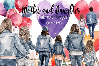 Mother and Daughter Watercolor Clipart