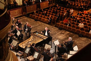 Vienna Philharmonic performing the re-opening concert in Musikverein Wien on June 5th, 2020 with Daniel Barenboim conducting