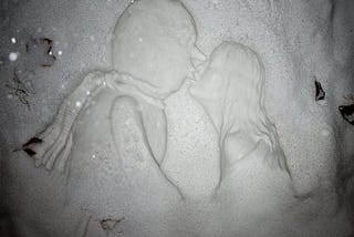 Cover art for kate Bush’s ’50 Words for Snow’ album. It is a silver gray abstract photo of a bord and a woman embracing with light snow falling around them.