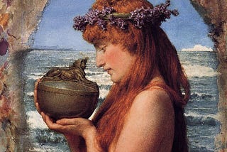 A painting of Pandora holding her jar, gazing at it intently. She has long red hair adorned with a floral crown, standing against a backdrop of the sea and sky.