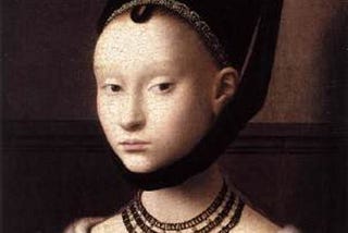 Portrait of seated girl with light skin. She wears a black cap covering her hair and strapped under the chin, three necklaces, and a gown of fur and velvet.