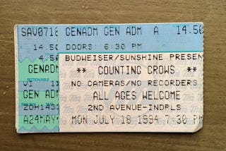 Counting Crows concert ticket, Mon July 18 1994, ALL AGES WELCOME, 2nd Avenue — Indpls $14.50