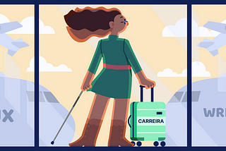 Ilustração de uma mulher ruiva com vestido verde, segurando uma mala com a mão direita e uma bengala na mão esquerda. Ela está na sala de embarque de um aeroporto, em frente as janelas de vidro onde aparecem dois aviões estacionados com os nomes “UX”e “Writing”.