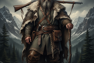 A typical mountain man with a beard and a gun across his shoulders