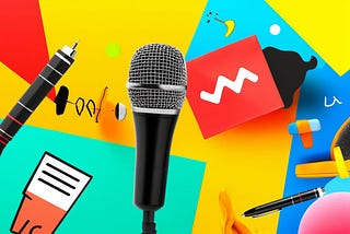 freelance tools intertwined with symbols of creativity like microphones, pens, and marketing graphics, against a dynamic, multi-panel background