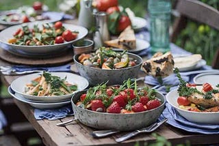 A garden table laden with alfresco meals.