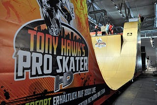 A picture of a halfpipe branded with “Tony Hawk’s Pro Skater HD”