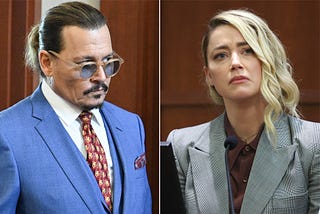 A side-by-side juxtaposition of Johnny Depp and Amber heard in their case in court.