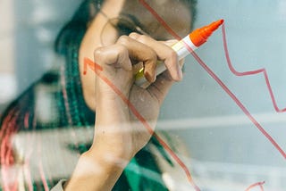 A business woman points to process metric graphs