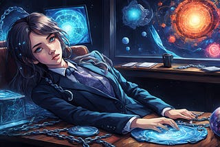 Woman in a business suit, looking exhausted, chained to desk. Generated with the assistance of Night Café AI exclusively for Cheryl Evans, Business Witch Academy