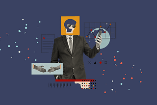 An artistic and abstract graphic of a man in a business suit connecting around the globe
