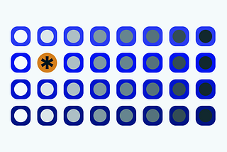 Several blue, white and black circular icons, and one orange and black star icon