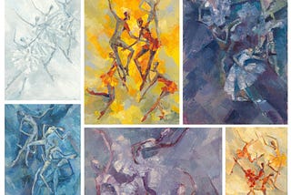 A photo collage of 6 impasto oil paintings of ballet dancers, each painted in a different colour scheme — white, yellow, blue and purple.