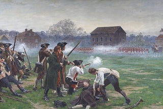 painting of revolutionary colonial soldiers firing at the redcoats across a green