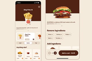 Screenshots from the Burger King mobile app showing the many different UI controls, toggles, buttons, tokens, etc. involved in customizing a burger or fries