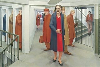 An image ofGeorge Tooker’s, The Subway. In it, a woman in a red dress looks lost and scared in an endless, maze-like train station.