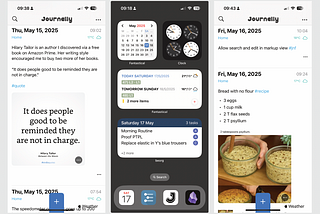 Screenshot of three iPhone screens: two standard Journelly entries with a bread recipe and a quote, plus an iPhone home screen showing Calendar, Clock, and a Beorg widget, with the Calendar, Workflowy, Journelly, and Obsidian icons in the dock