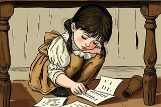 Illustration in sepia tones of young, dark-haired girl under a table with paper scraps.