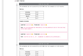 A screen shot of the Audit Bot website, showing a timeline of the historical performance of the Google Sentiment API on an open dataset