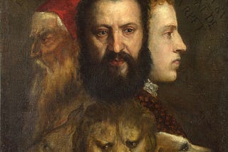 La “Allégorie de la Prudence” (c. 1550–1565) par Titien et ses assistants, à la National Gallery de Londres, montre trois têtes humaines (jeunesse, maturité, vieillesse) au-dessus de têtes animales (loup, lion, chien) symbolisant le passé, le présent et le futur. Une inscription renforce le thème de la prudence : “du passé, le présent agit prudemment pour ne pas gâcher l’avenir”. Les interprétations varient entre allégorie de la prudence et réflexion sur le péché et l’expérience en art.