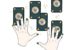 Digital illustration of two white hands and five face-down tarot cards.