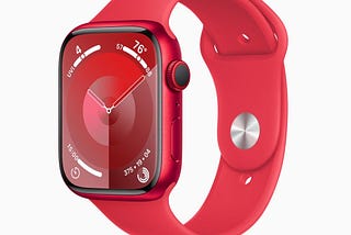 Apple Watch Series 9 in red watchface: the Palette face. It does not have hour and minute marks