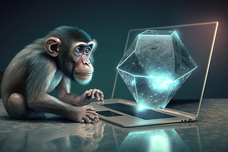 A monkey at a computer generating a big 3D floating holographic diamond.