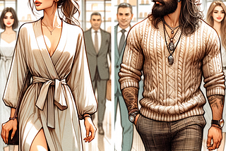 In the photo, one in her thirties tall and slender Iranian women and one man with a child are illustrated walking leisurely at a shop, rendered with light brushwork and a focus on light variations and scenes. One woman has ponytail hairstyle and is wearing wrap dress, while the middle-aged hourglass man has long hair with a visible tattoo and is wearing sweater dress.