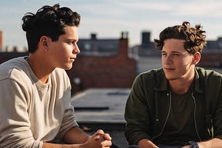 Two boys talking to each other on roof