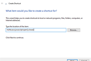 The Windows shortcut dialog, with the provided code written in the Location box.
