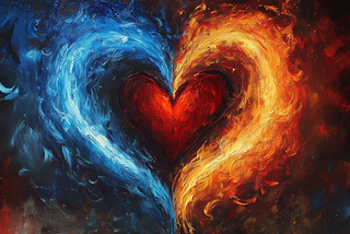 Pair of red and blue flames intertwined in a heart