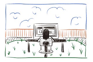 Illustration of woman sitting at a desk working in her backyard.