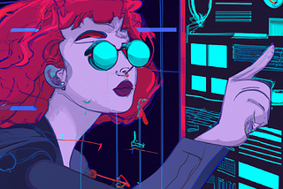 A cyberpunk illustration of a researcher measuring the user experience of a digital product.