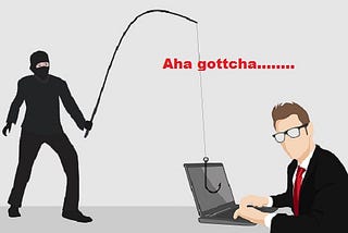 Illustration of person dressed all in black with balakava and holding a fishing pole with hook dangling over a desk with a business man sitting at his laptop and the words “Aha gotcha.”