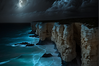 night, moon behind clouds, storm, high cliffs, rocks and a roiling sea at the base