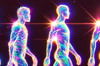 proto-man evolving into today’s man, but with shimmering effects around it
