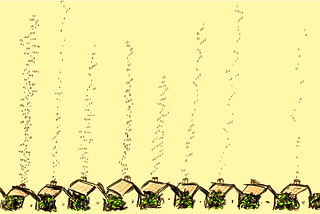 A hand drawn sketch in coloured pens depicts a small uniform row of houses at the bottom of the picture. From each of the houses, 0s and 1s representing digital data are floating up in plumes which look like smoke from the chimneys of the houses; but these are not uniform, therefore representing the different types of data from each house.