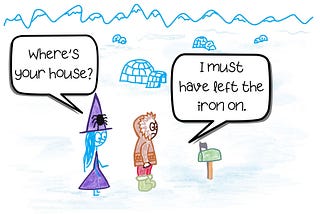 Cartoon drawing: Witchy standing with Inuit friend by his mailbox, but no igloo. Witchy asks “Where’s your house?” He says “I must have left the iron on.”