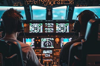 An image of two individuals seated in an airplane cockpit. Both are wearing headsets and are surrounded by numerous digital screens displaying aviation instruments and coding interfaces. The cockpit is a blend of an aviation flight deck and a software development workspace, conveying a fusion of aviation and software development environments. The atmosphere is illuminated by the glow of the screens, highlighting the theme of developers on autopilot.