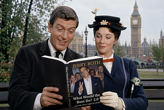 AI Generated photo of Dick van Dyke and Mary Poppins reading What Would the Boss Do?. 2.0