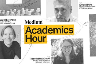 Image includes our three panelists from Academics Hour: Carin-Isabel Knoop, Rebecca Ruth Gould, and Enrique Dans.