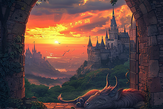 A beast sleeping at the castle gate with the castle in the distance. A soft glow from the sunrise illuminates the beast and landscape.
