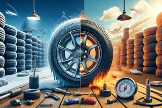 Automotive scene depicting tires in various conditions: a new tire with a gauge, a tire under temperature stress, and an aged tire with visible wear, set in a professional tire shop.