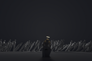 a 3d dark lit scene with the primary model sitting in the center with a halo. Several models are lined up behind, upright but tilting, as almost about to fall.