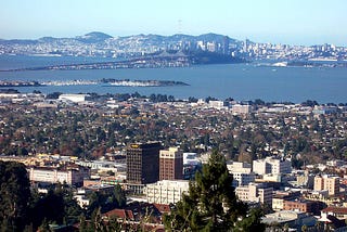 Aerial view of Berkeley, California, looking over the bay towards San Francisco.