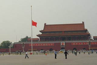 The Chinese flag flies at half mast over Tiananmen Square, Beijing. Please note that the flag is at half mast to commemorate earthquake victims and not the uprisings of 1989, which is still a taboo topic in China.